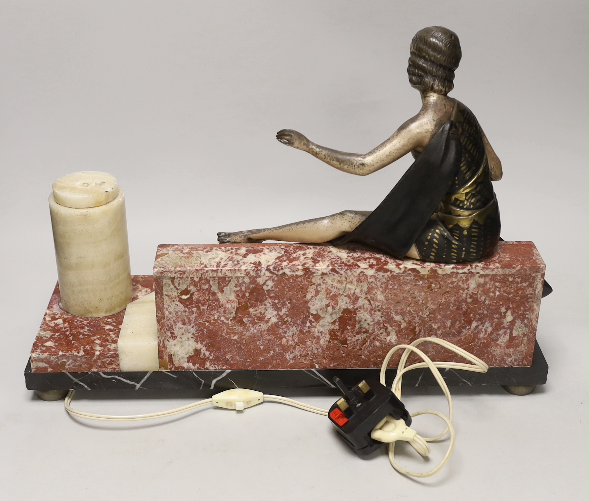 An Art Deco style spelter and marble figural lamp, 45cm wide